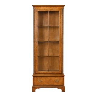 Baker Furniture Georgian Carved Cherry and Burl Wood Lighted Bookcase or Display Cabinet For Sale
