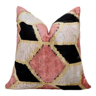 Blush Geometric Silk Velvet Throw Pillow 16x16 | Handmade Pink & Black Designer Accent Pillow For Sale