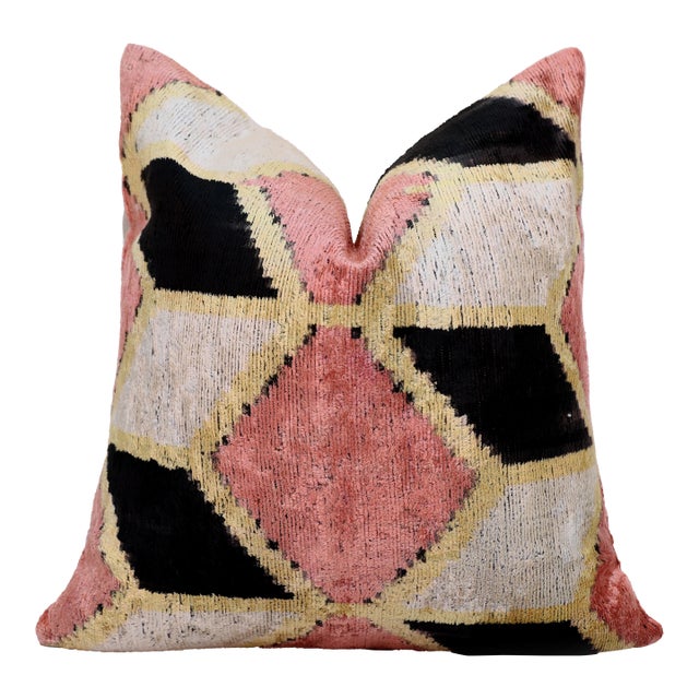 Blush Geometric Silk Velvet Throw Pillow 16x16 | Handmade Pink & Black Designer Accent Pillow For Sale