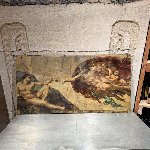 The Creation of Adam Michelangelo by Maria Teresa Mendez Goatskin on Wood For Sale - Image 4 of 14