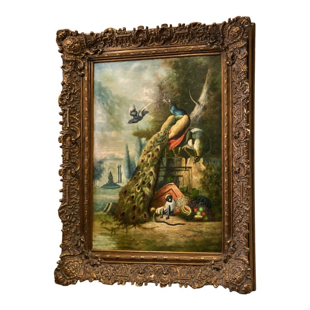 Late 19th Century Ornate Framed Peacock Oil Painting on Canvas, Signed 49" W × 62" H For Sale