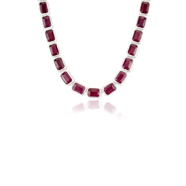 Art Deco Antique Style 40.41ct Natural Ruby Line Necklace for Women in 925 Silver For Sale - Image 3 of 12