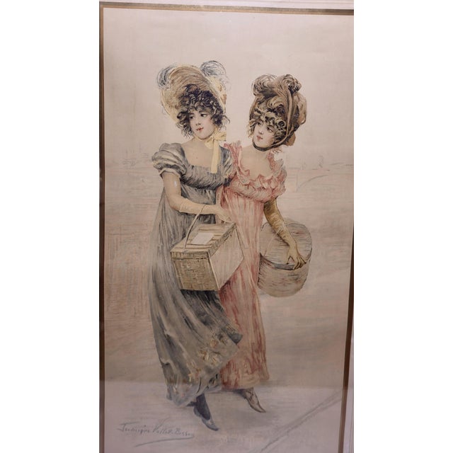 Color lithograph by Vallet-Bisson Frédérique / Moulot 1900 printer. Lithograph depicting 2 elegant figures circa 1900....