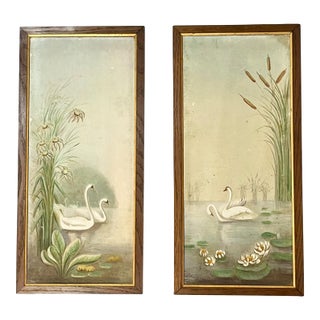 Late 19th Century Pair Antique French Art Nouveau Aesthetic Movement Swan Oil on Board Wall Panels For Sale
