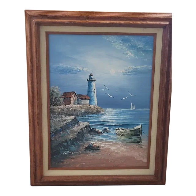 Vintage W. Sherman Lighthouse Oil on Canvas Painting Framed Coastal Nautical Art For Sale