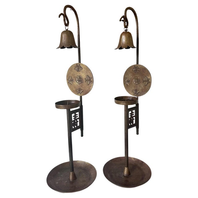1900 - 1909 Matching Pair of Korean Brass Candlesticks with Shields and Snuffers Joseon For Sale - Image 5 of 12