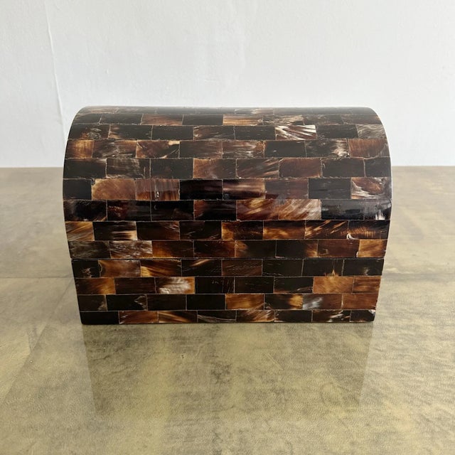 Tessellated horn box from the late 20th century with a dome top shape. Brass hinge and black painted interior. In great...