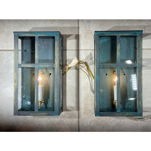 1970s Exquisite Vintage Verdigris Brass Wall Lanterns / Sconces – Pair For Sale - Image 5 of 17
