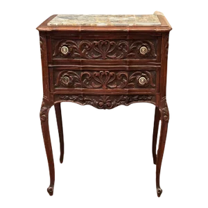 Pair of French Provincial Antique Marble Top Walnut Commodes
