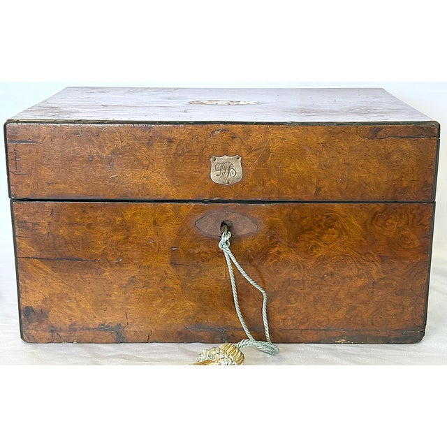 English Antique English Burlwood Writing Box With Blue Velvet Lining and Mother-of-Pearl Inlay For Sale - Image 3 of 12