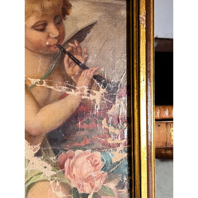 Rococo 19th Century French Rococo Oil on Canvas Cherub Painting in Parcel Gilt Frame For Sale - Image 3 of 12