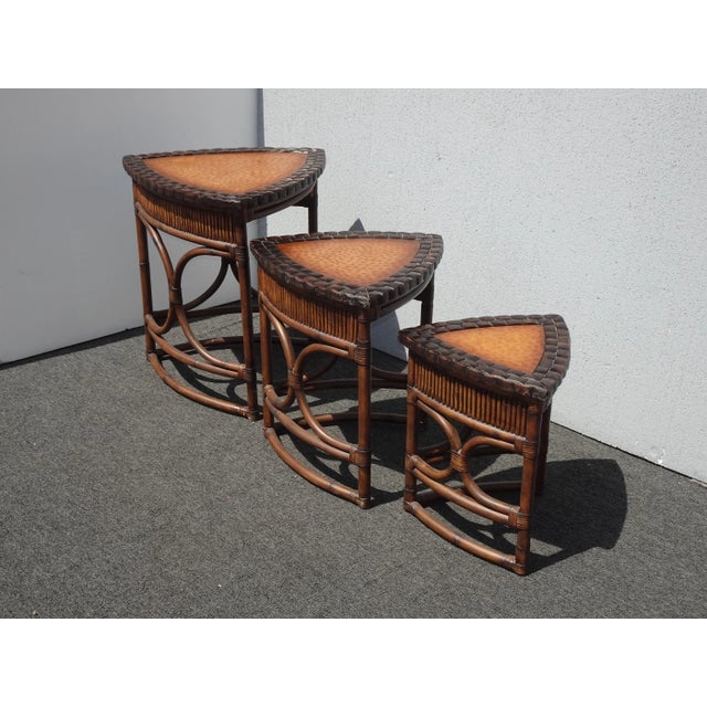 Coastal Set of Three Vintage Bamboo Coastal Rattan Leather Ostrich Nesting Tables Lh2 For Sale - Image 3 of 12