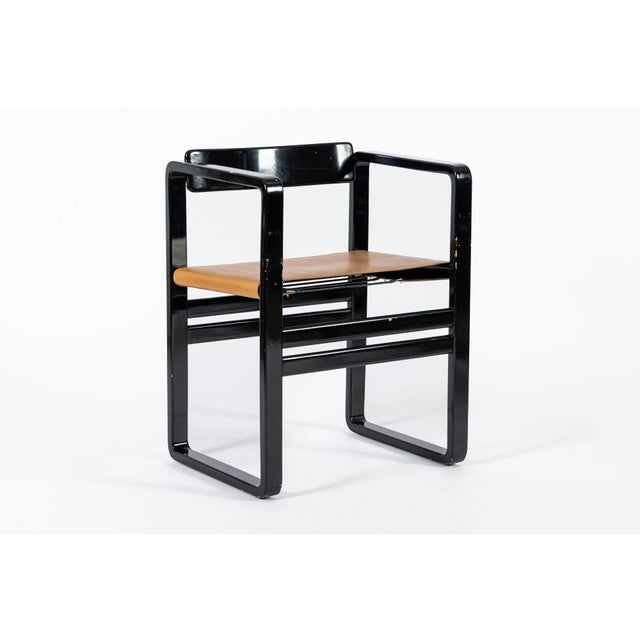 Mid Century Modern Black Lacquer and Brown Leather Arm Chairs 1970s For Sale - Image 10 of 15
