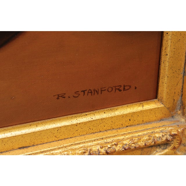 1980s Artist Signed Portrait of Lady in Red Dress Painting on Canvas For Sale - Image 5 of 13