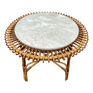 Rattan and Marble Sun Table, 1950s For Sale