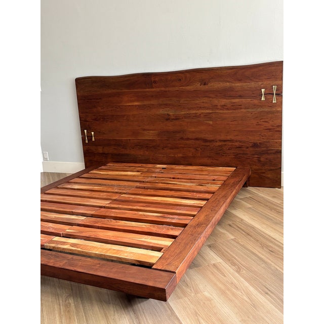 Contemporary organic free live edge wood slab headboard queen platform bed. Organic free edge headboard platform bed...