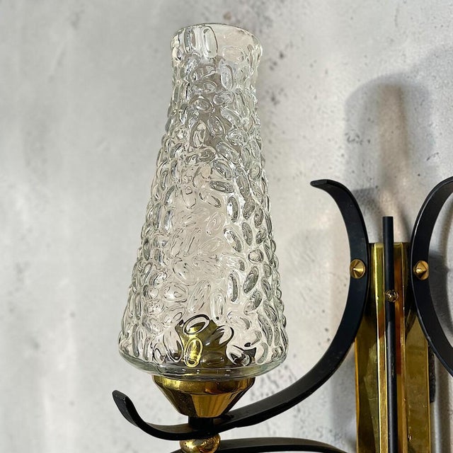 Metal Mid-Century Italian Modern Brass and Textured Glass Double Wall Sconces, 1960s, Set of 2 For Sale - Image 7 of 13