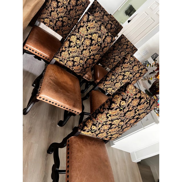 2000 - 2009 Set of 8 Dining Chairs – Leather Seats, Tapestry Backs, Nailhead Detail For Sale - Image 5 of 12