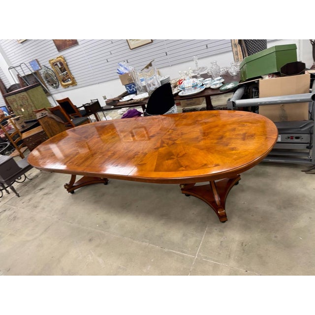 Vintage Neoclassical Regency Style Cherry and Burl Wood Pedestal Oval Dining Table With 2 Leaves For Sale - Image 13 of 16