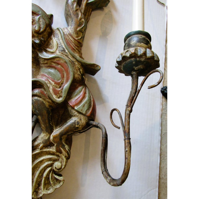 Opposing Pair of Polychrome Hand Carved Wood and Iron Monkey Wall Sconces C 1920 For Sale - Image 14 of 16