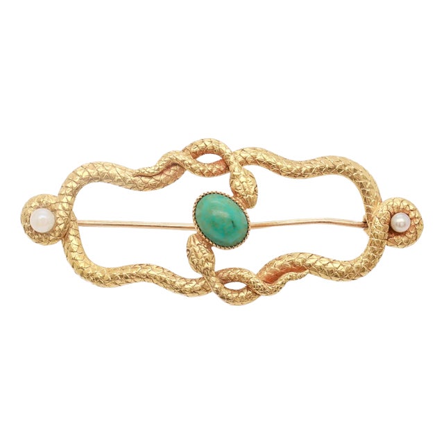 Antique Victorian 14k Gold, Turquoise, & Seed Pearl Intertwined Snakes Brooch For Sale