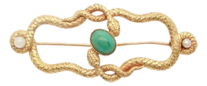 Antique Victorian 14k Gold, Turquoise, & Seed Pearl Intertwined Snakes Brooch