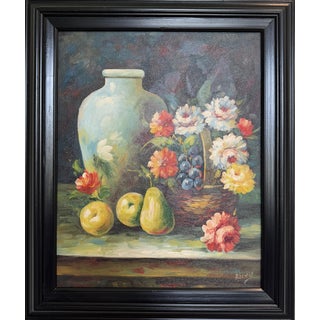 Vintage Oil Painting Floral Still Life Vase Fruit Signed Impressionist Style For Sale