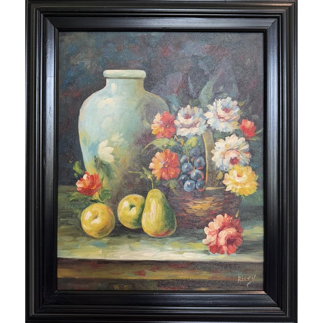 Vintage Oil Painting Floral Still Life Vase Fruit Signed Impressionist Style For Sale