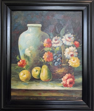 Vintage Oil Painting Floral Still Life Vase Fruit Signed Impressionist Style