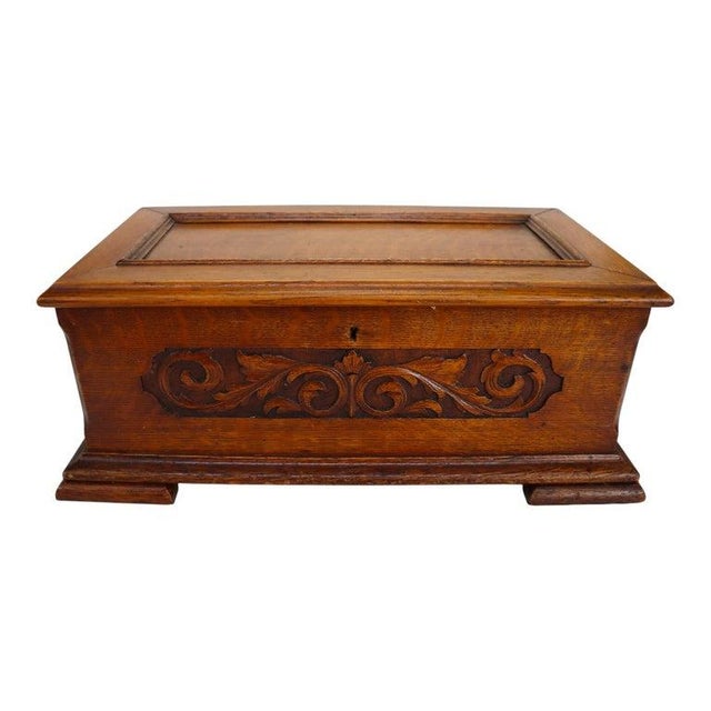 Brown Jackpot Carved Oak & Glass Cylinder Music Box Signed 19thC For Sale - Image 8 of 9
