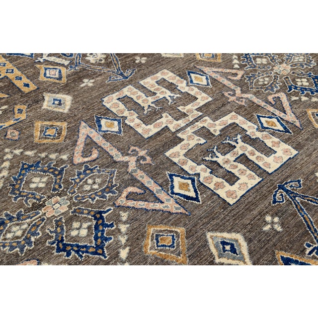 Modern Tulu Style Wool Area Rug – Geometric Tribal Motif in Earthy Brown & Cream For Sale - Image 9 of 11