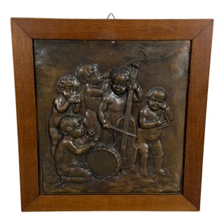 High Relief Bronze Panel with Cherub Musicians in Wooden Frame, 20th Century For Sale