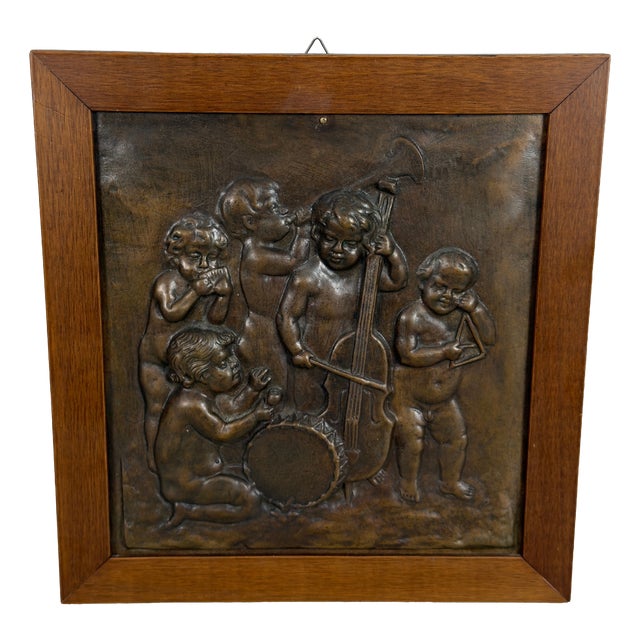 High Relief Bronze Panel with Cherub Musicians in Wooden Frame, 20th Century For Sale