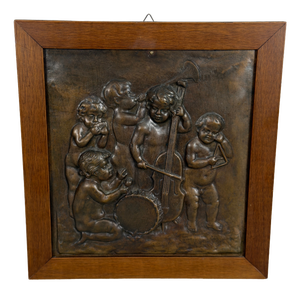 High Relief Bronze Panel with Cherub Musicians in Wooden Frame, 20th Century