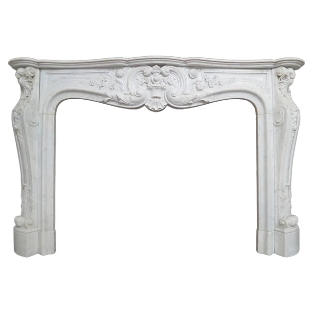 Large Antique French Louis XV Fireplace Mantel in Carrara Marble For Sale