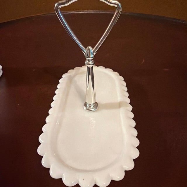 Vintage Fenton Hobnail Milk Glass Oil Vinegar Cruet Set Center Metal Handle Tray For Sale - Image 6 of 8