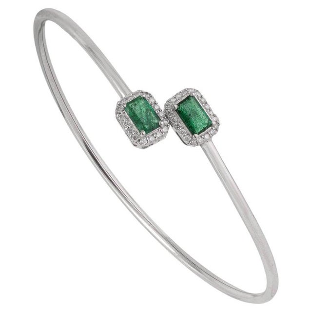Metal Fine Two-Stone Emerald & Diamond Bangle Bracelet in Sterling Silver For Sale - Image 7 of 13