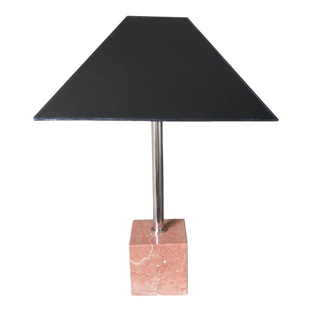 1980s Italian Pink Marble and Nickel Lamp With Gloss Black Paper Shade For Sale