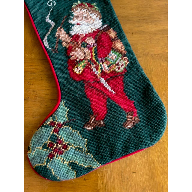 English 1990s Wool Needlepoint and Red Velvet Father Christmas Stocking For Sale - Image 3 of 5