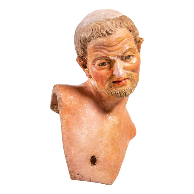 18th Century Polychrome Ceramic Head Sculpture with Glass Eyes For Sale