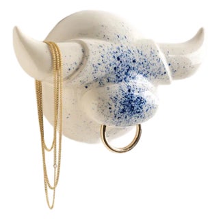 Blue and White Ox Ceramic Sculpture, Modern Design, New Creation Wall Art For Sale