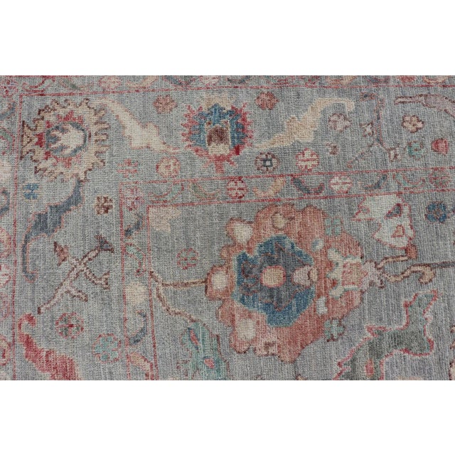 Blue Modern All-Over Floral Oushak With a Light Blue-Gray Background and Multi-Color Rug For Sale - Image 8 of 13