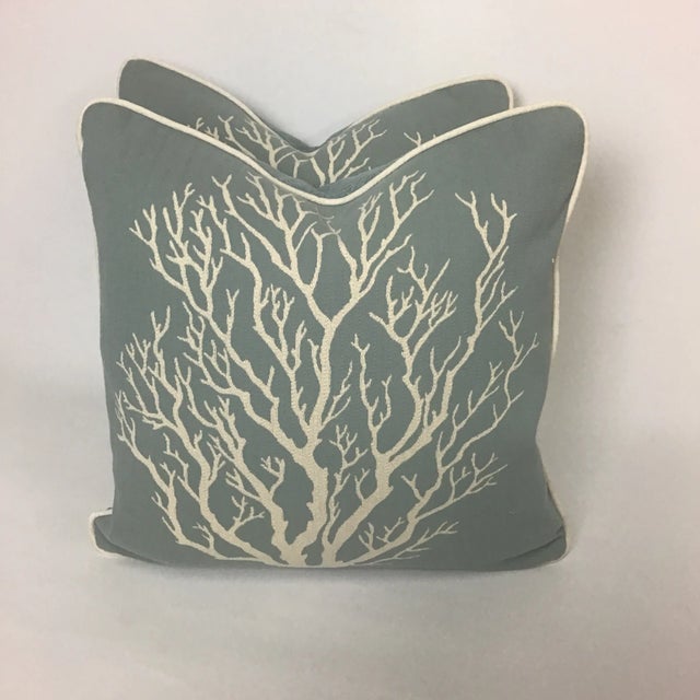 Nautical Teal and Cream Coral Pillows - a Pair For Sale - Image 9 of 9