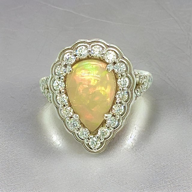 Metal Natural Opal Diamond Ring 6.25 14k W Gold 2.35 TCW Certified For Sale - Image 7 of 11