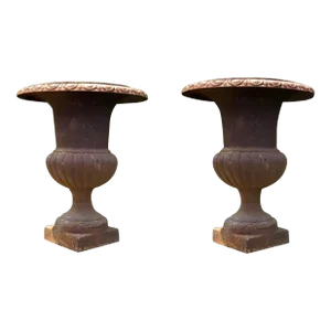 Antique Tall Large Cast Iron Outdoor Garden Planters Urns - Set of 2