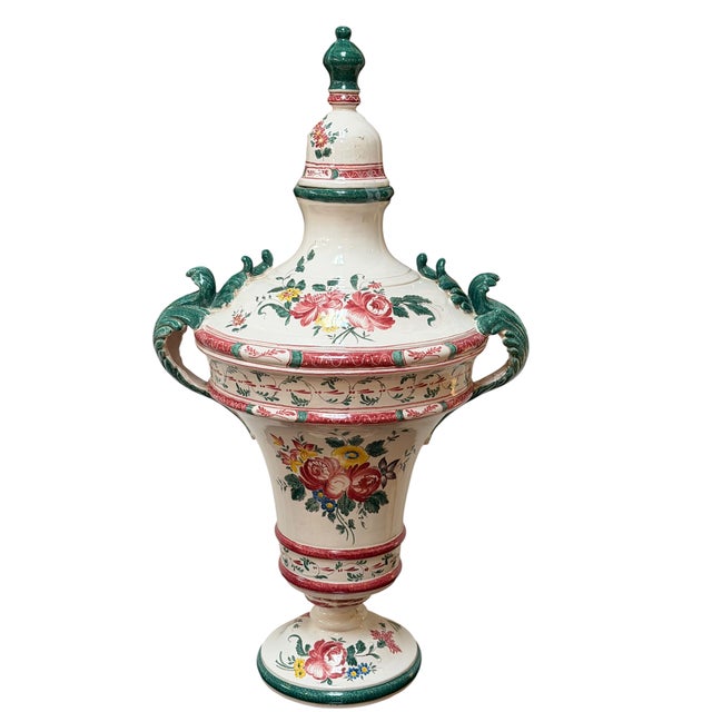Mid 20th Century 1 of 2 Huge Vintage Faience Pottery Covered Urn For Sale - Image 5 of 8