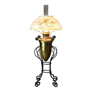 Antique Arts & Crafts Wrought Iron Table Lamp & Hand Painted Shade, C1910 For Sale
