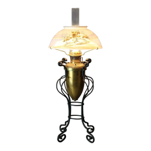 Antique Arts & Crafts Wrought Iron Table Lamp & Hand Painted Shade, C1910