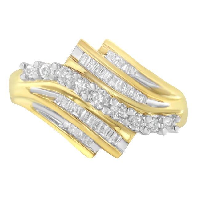 10K Yellow Gold Round and Baguette Diamond-Cut Ring (1/2 Cttw, I-J Color, I1-I2 Clarity) - Size 8-3/4 For Sale