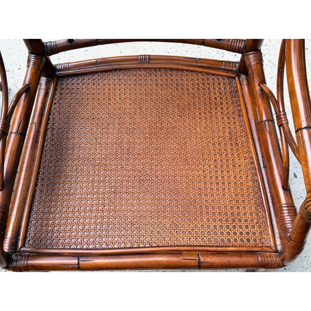 Brown Vintage Chinoiserie Rattan Bamboo Armchairs Woven Cane Seat & Backrest 1970s For Sale - Image 8 of 14